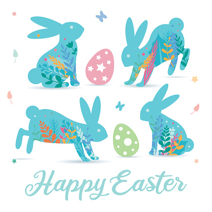 Happy Easter card with colourful Easter bunnies and foliage.