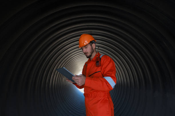 istock The site engineer concentrates on a digital tablet working at the tunnel construction site inside a large sewage drain tube 1998625202