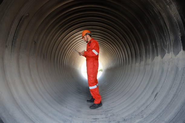 istock The site engineer concentrates on a digital tablet working at the tunnel construction site inside a large sewage drain tube 1998625740