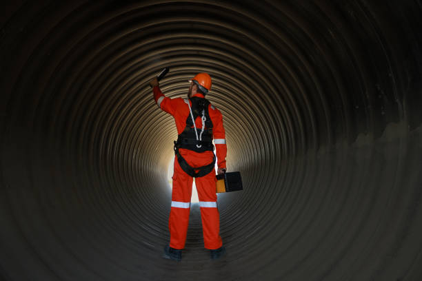 Mechanical engineer wearing orange safety suits and safety harnesses work inside the tunnel or  huge sewage drain pipe