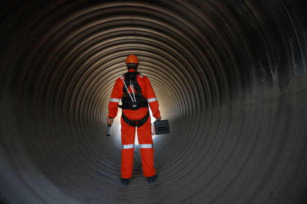 Mechanical engineer wearing orange safety suits and safety harnesses work inside the tunnel or  huge sewage drain pipe