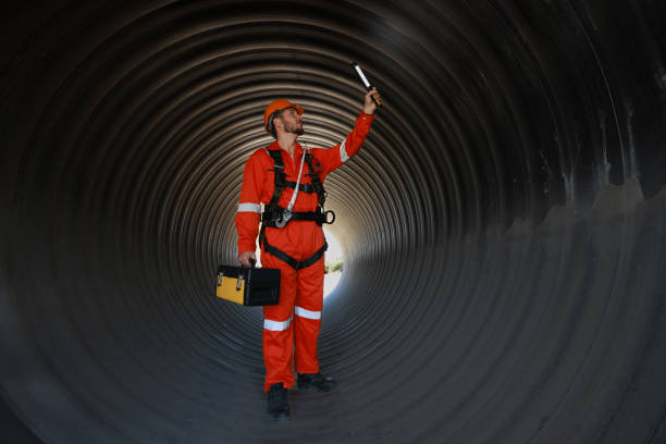 istock Mechanical engineer wearing orange safety suits and safety harnesses work inside the tunnel or  huge sewage drain pipe 1998626808