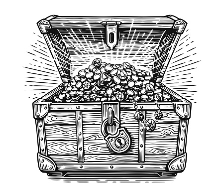 Wooden pirate chest full of treasures of gold coins and precious stones. Hand drawn vector illustration