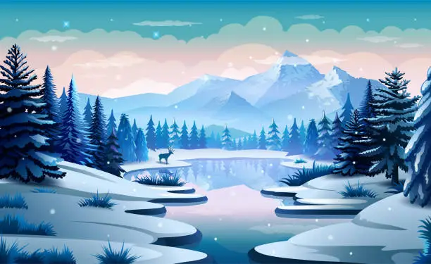Vector illustration of Beautiful Winter Landscape with Trees, Mountains and a Deer Near the Pond
