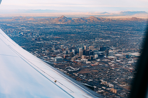 Aerial View of Downtown Phoenix, Arizona at Sunset, with Squaw Peak in the Background