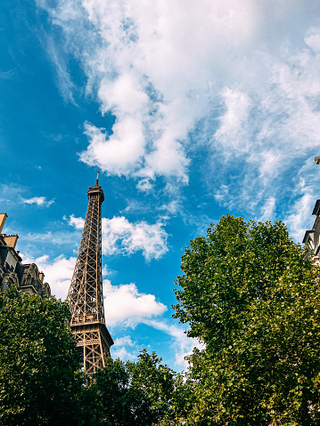 An usual view of The Eiffel Tower between the building of Paris.