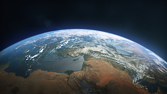 3d Render View of Planet Earth, Turkey and Surrounding Countries from Space, Textures from https://visibleearth.nasa.gov (close-up)