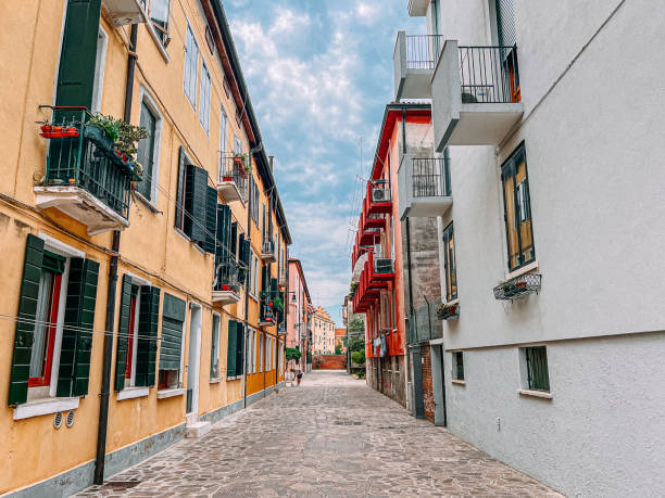 Vibrant-Colored Apartments on Giudecca, Venice, Italy from a Low Angle in the Mid-Summer