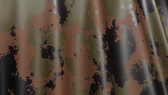 front view of the movement of multi-colored curtains in the foreground in a digital rendered image