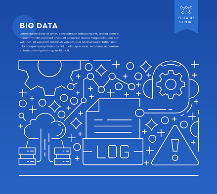 Big Data Web Banner Template. Editable line icons on blue background.