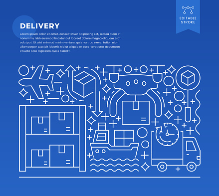 Delivery Web Banner Template. Editable line icons on blue background.