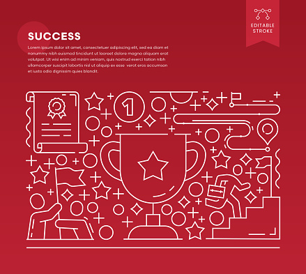 Success Web Banner Template. Editable line icons on red background.