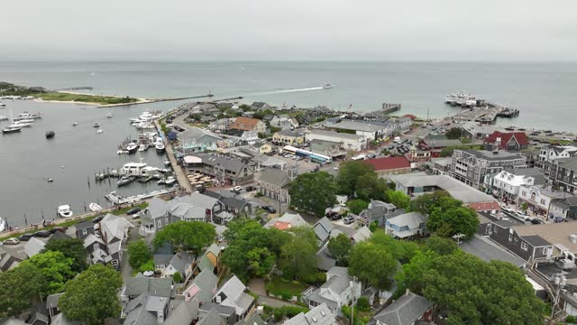 Drone shot flying over a town in Cape Cod, Massachusetts.