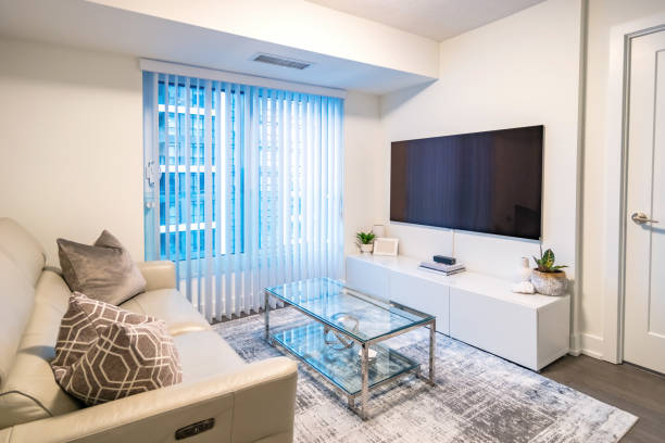 Small new condo living room with sofa and TV set.