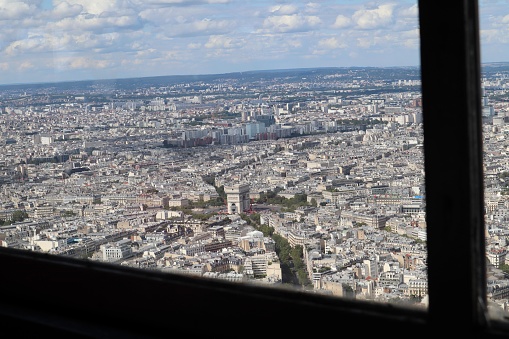Panoramic aerial view of Paris cityscape and Notre dame tower