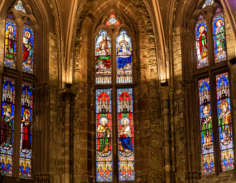 Stained glass window in the 13th century church of Notre Dame of the Assumption of the Virgin, Saint-Jean-Pied-de-Port, Basque Country, France.