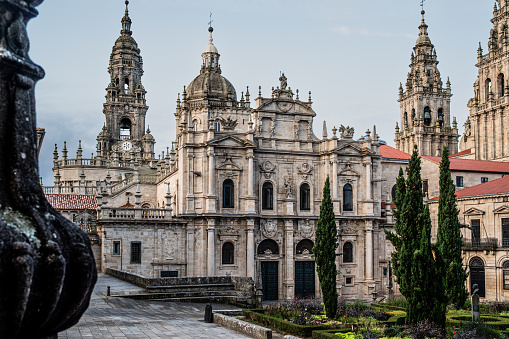 Early morning view of the North façade of the Cathedral of Santiago de Compostela seen from the Plaza de la Inmaculada.This side of the Cathedral, described in antiquity as the 'Door of Paradise', was completely renovated in the 18th century and shows Baroque and Neoclassical elements.