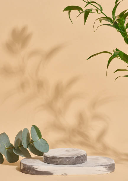 istock Empty  white marble stand on a beige background and green leaves 1998810498