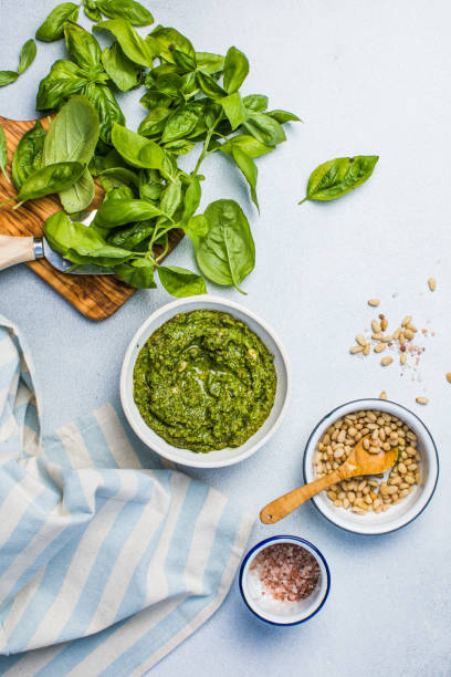 istock Pesto sause and ingredients on white background, copy space 1998847464