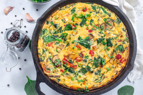 Brunch egg frittata with spinach, roasted red peppers, mushrooms, in cast iron, horizontal, top view Brunch egg frittata with spinach, roasted red peppers, mushrooms, cheese and herbs, in cast iron skillet, horizontal, top view spanish breakfast with scrambled eggs stock pictures, royalty-free photos & images