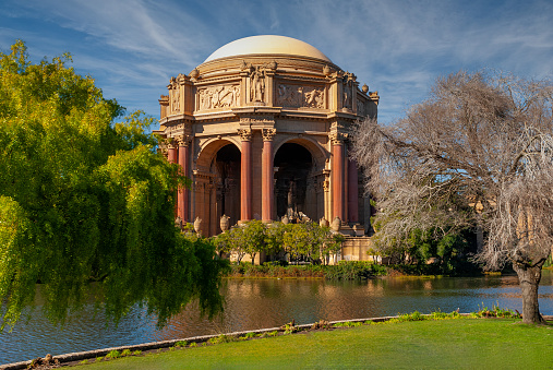 San Francisco, California, USA - February 04, 2008: The Palace of Fine Arts in the Marina District of San Francisco, California, USA is a classic structure originally constructed for the 1915 Panama-Pacific Exposition.  It was used during the exposition to exhibit works of art.  It is the only one of the few surviving structures from the exposition that remains on the original site.  In addition to hosting art exhibitions, it remains a popular tourist attraction.
