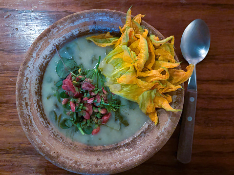 Oaxaca, Mexico: Clay Bowl with Herb Soup, Squash Blossoms