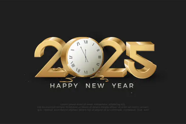 Vector illustration of Happy new year 2025 with realistic 3d gold numbers and with a 3d wall clock illustration. Premium design for new year celebration.