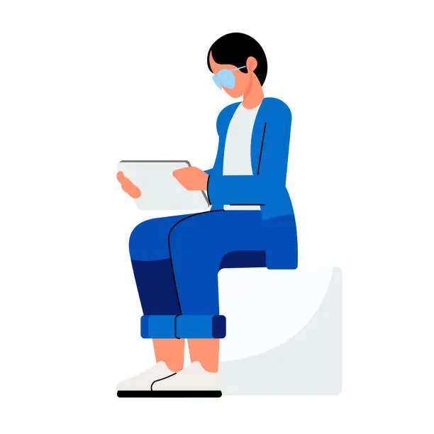 Vector illustration of businessperson sitting on a chair with a tablet in their hands and wearing an eyeglasses on their face isolated on white background, flat vector illustration, character design, business concept,