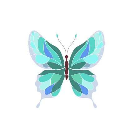 Colored silhouette of a butterfly with blue-green wings on a white background, collage in the form of a butterfly. Vector illustration