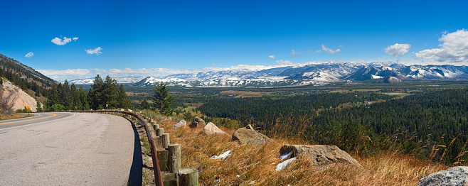 Panorama of Jackson Hole, Wyoming, from an overlook high up on the Teton Pass Highway between Idaho and Wyoming