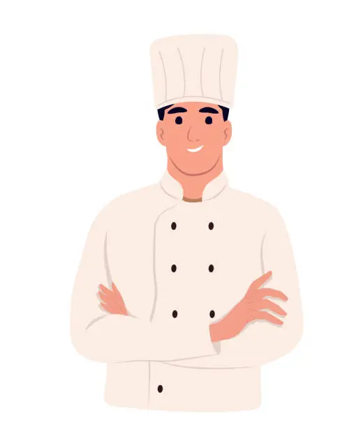 Vector illustration of Chef in uniform with hat background. Chef restaurant and hotel. Smiling young chef standing with crossed arms.