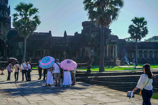 Siem Reap, Cambodia -December 11, 2023 : Angkor Wat temple complex in Cambodia. The largest temple in the world