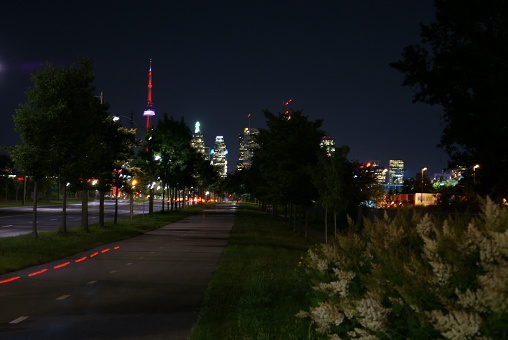 Roadway, Highway or Freeway At Night With Downtown Core and CN Tower in Distance