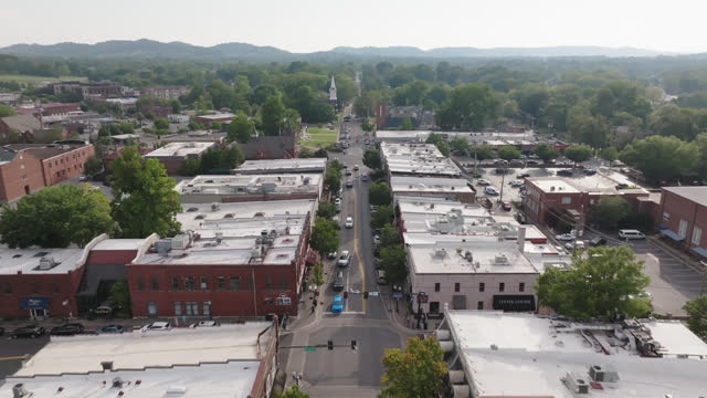 Establishing Shot of Main Street, Downtown Franklin, Tennessee, Facing Northeast in the Summer