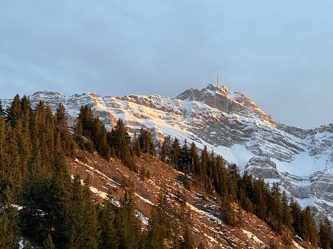 Snow-capped alpine peak Säntis (Saentis or Santis, 2502 m) in Alpstein mountain range and in Appenzell Alps massif, Alt St. Johann - Canton of St. Gallen, Switzerland (Schweiz)