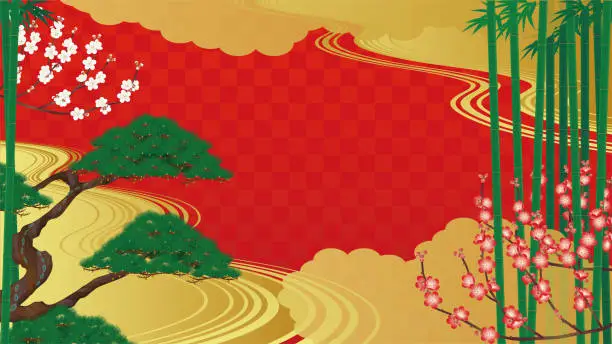 Vector illustration of Japanese style background. Illustration of golden background with pine, bamboo, plum and clouds