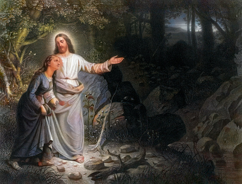 Vintage image shows Jesus leading a woman through a dark forest, representing humanity's journey through difficult and uncertain times. Jesus serves as the guiding light, offering hope, solace, and direction amidst the challenges. Ultimately, the journey symbolizes Jesus' role in leading individuals from darkness into the light of spiritual enlightenment and salvation.