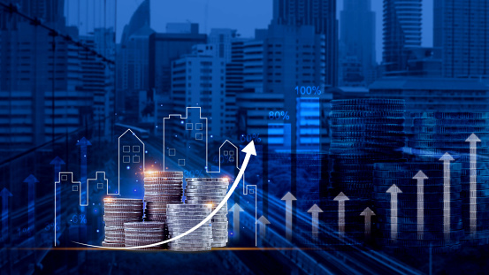 Up arrows over blue financial graph background. Horizontal composition with selective focus and copy space. Investment, stock market data and finance concept.