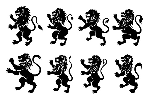 Heraldic lion royal black insignia mythology beast with mane and paws set vector flat illustration. Angry leo antique art wild power animal carnivorous mascot nobility medieval monochrome symbol
