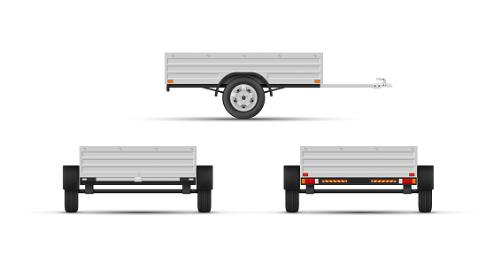 Single axle car trailer for cargo transportation side back front view set realistic vector illustration. Automobile semitrailer modern metallic caravan construction wheels vehicle cart freight moving