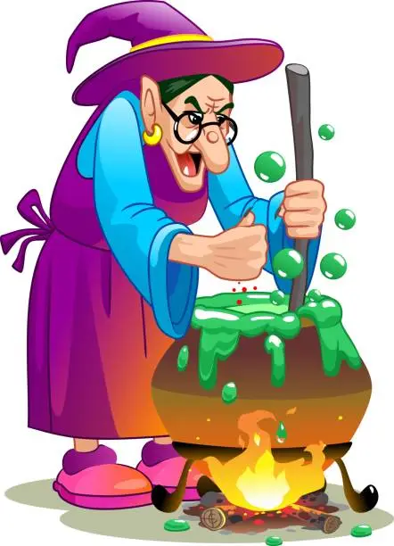 Vector illustration of Witch preparing a potion. Vector illustration.