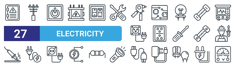 set of 27 outline web electricity icons such as electric panel, pole, turn on, pcb board, electric socket, cable, hdmi cable, voltage indicator vector thin line icons for web design, mobile app.