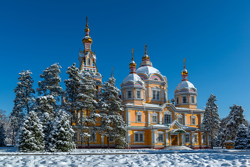 Built in 1907, the unique wooden Orthodox Ascension Cathedral in the Kazakh city of Almaty on a winter day