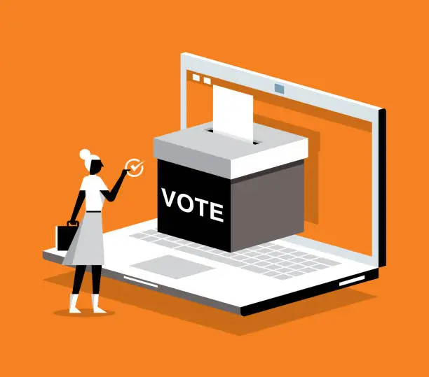 Vector illustration of Businesswoman - On-line Voting - Laptop