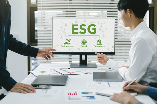 ESG environment social governance investment business. ethical and responsible business concept.  Business group meeting plan to green business investment strategy for sustainable.