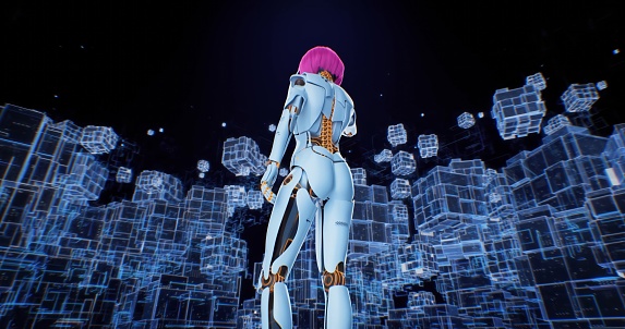 ith a cascade of pink hair flowing behind her, a cyborg girl ventures into the digital abyss, her vision augmented by VR glasses.