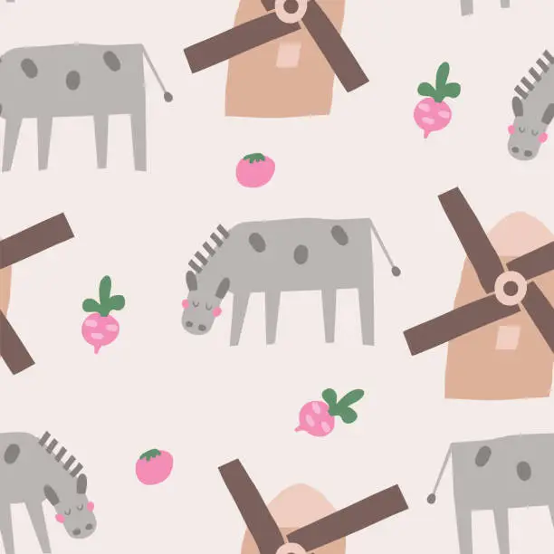 Vector illustration of Cute farm theme seamless pattern