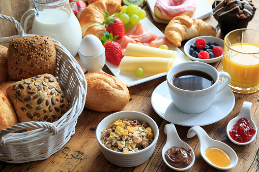 Richly laid breakfast table