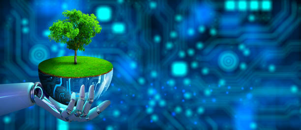 istock Robot Hand holding digital plant pot with Tree growing on. Technology Convergence, Green Computing, and IT Ethics with Artificial Intelligence. 1999561081