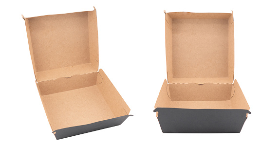 Two Open empty brown paper burger box isolated on white background.